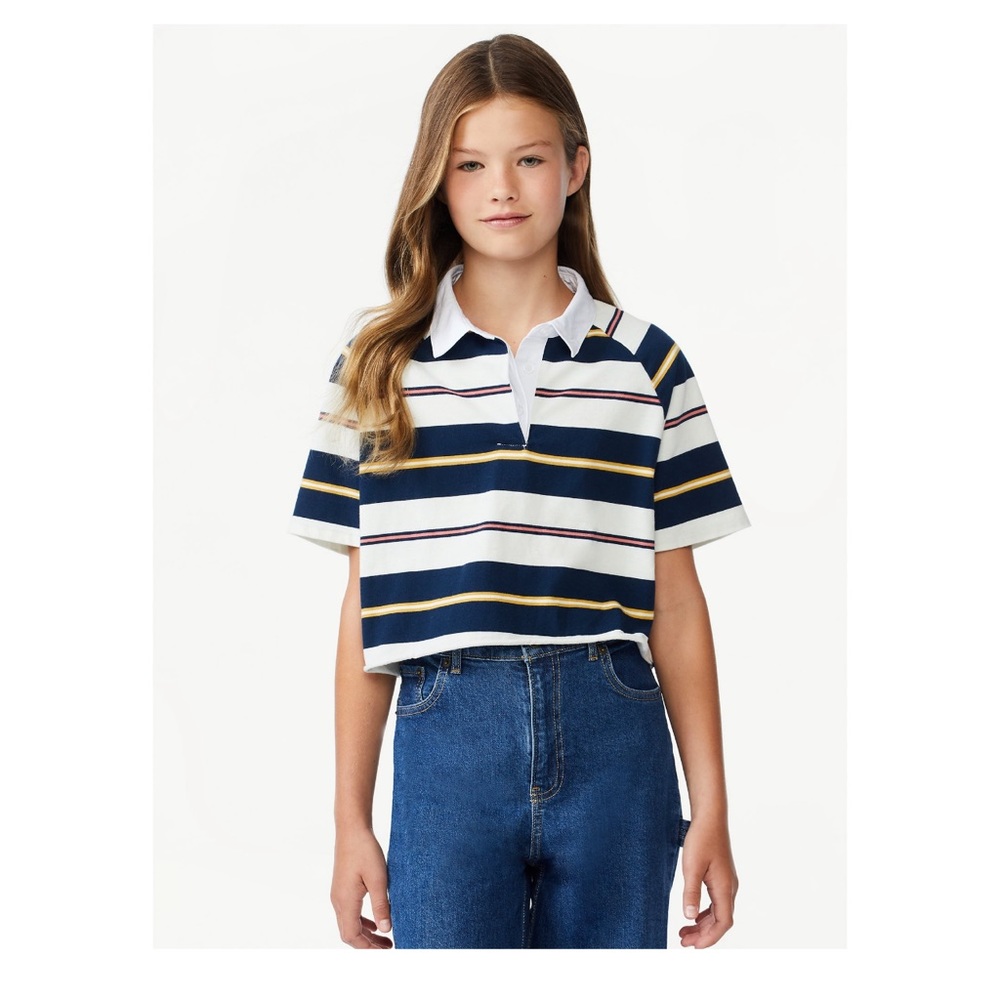 Free Assembly stripe short sleeve rugby crop polo size M